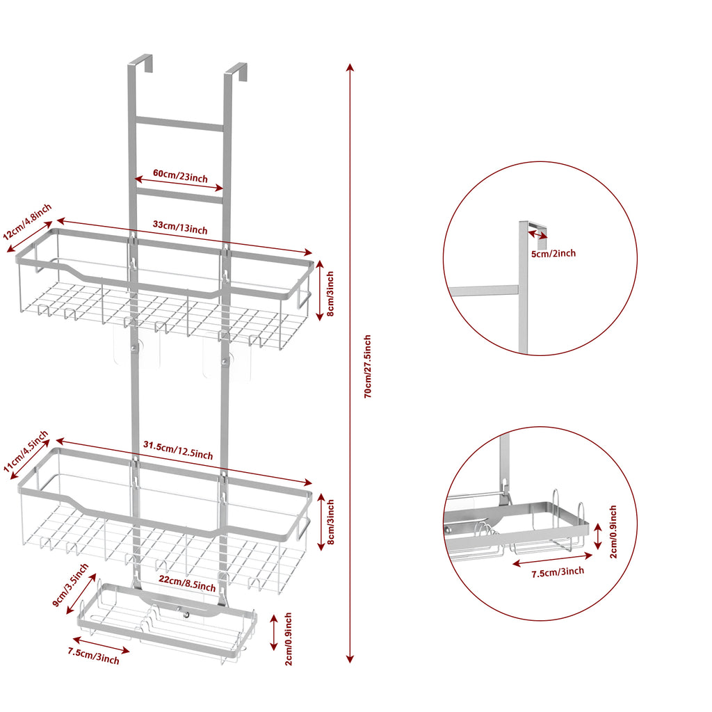 70cm Height Adjustable Over Shower Glass Caddy, 3-Tier Stainless Steel Hanging Bathroom Shelf with Soap Tray & Multi Hooks, Drill-Free Shower Organizer for Bathroom, Shower Stall