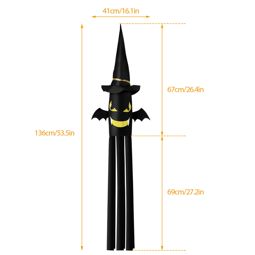 Halloween LED Bat Windsock Decoration, 53.5inch Lighted Hanging Witch Hat Wind Sock for Outdoor Yard, Porch & Party Decor