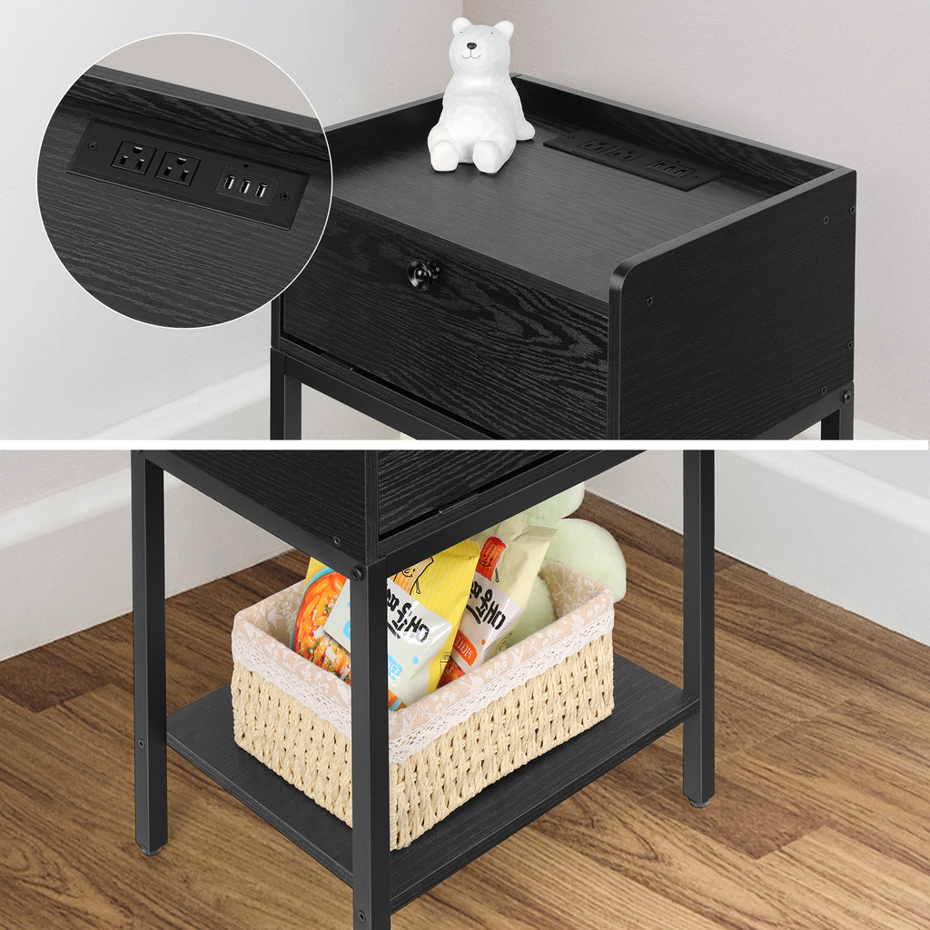 Nightstand with Charging Station & Flip-Top Storage, 3-Tier Bedside Table with Outlets & USB, Black Side Table for Small Spaces,