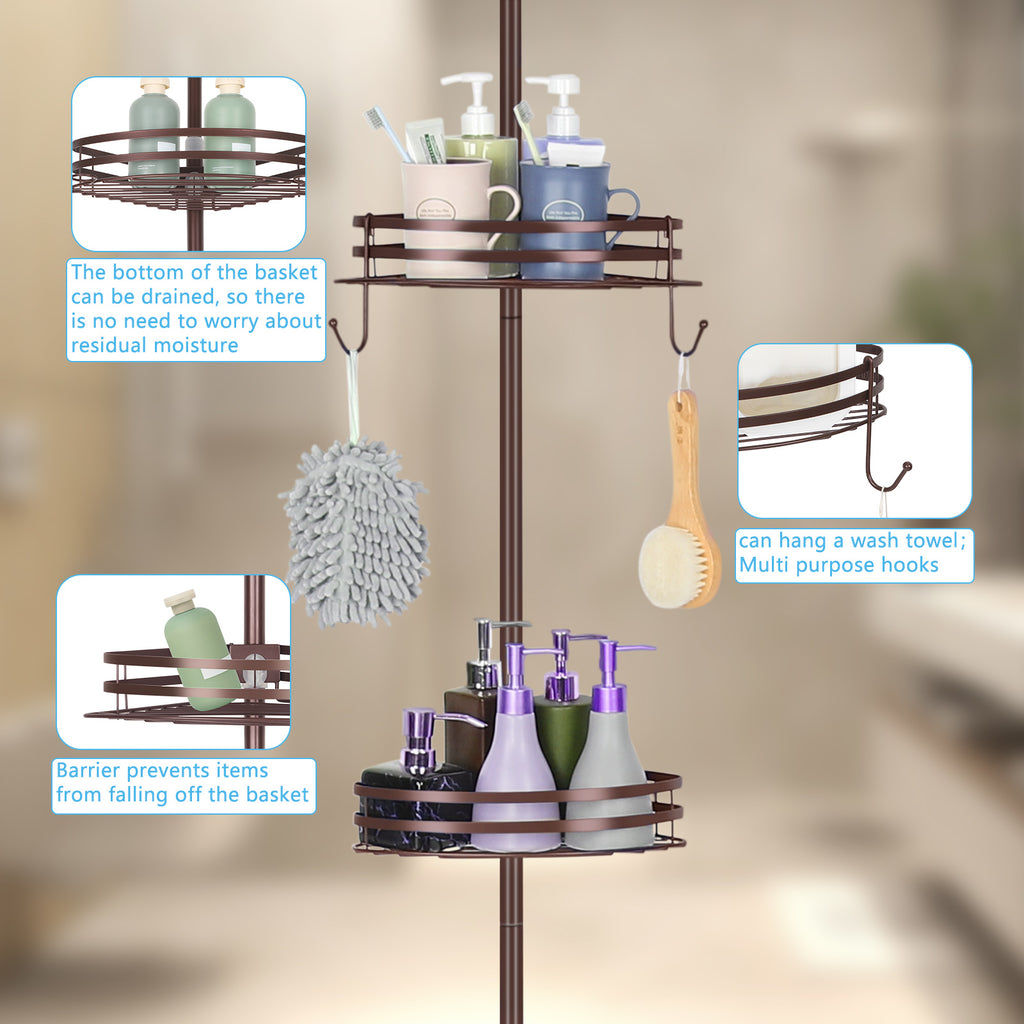 Tension Pole Shower Caddy (4-Tier), Adjustable Bronze Corner Bathroom Storage Rack