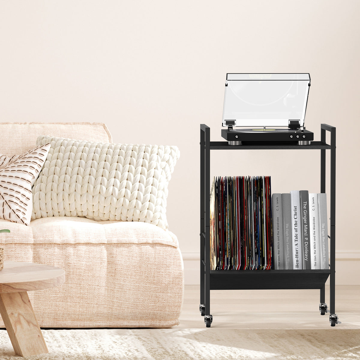 Vinyl Player Stand Record Player Stand with Record Storage Record Player with Wheels Turntable Stand for Record Player 2 Layer Rolling Record Storage for Living Room Bedroom Office Brown