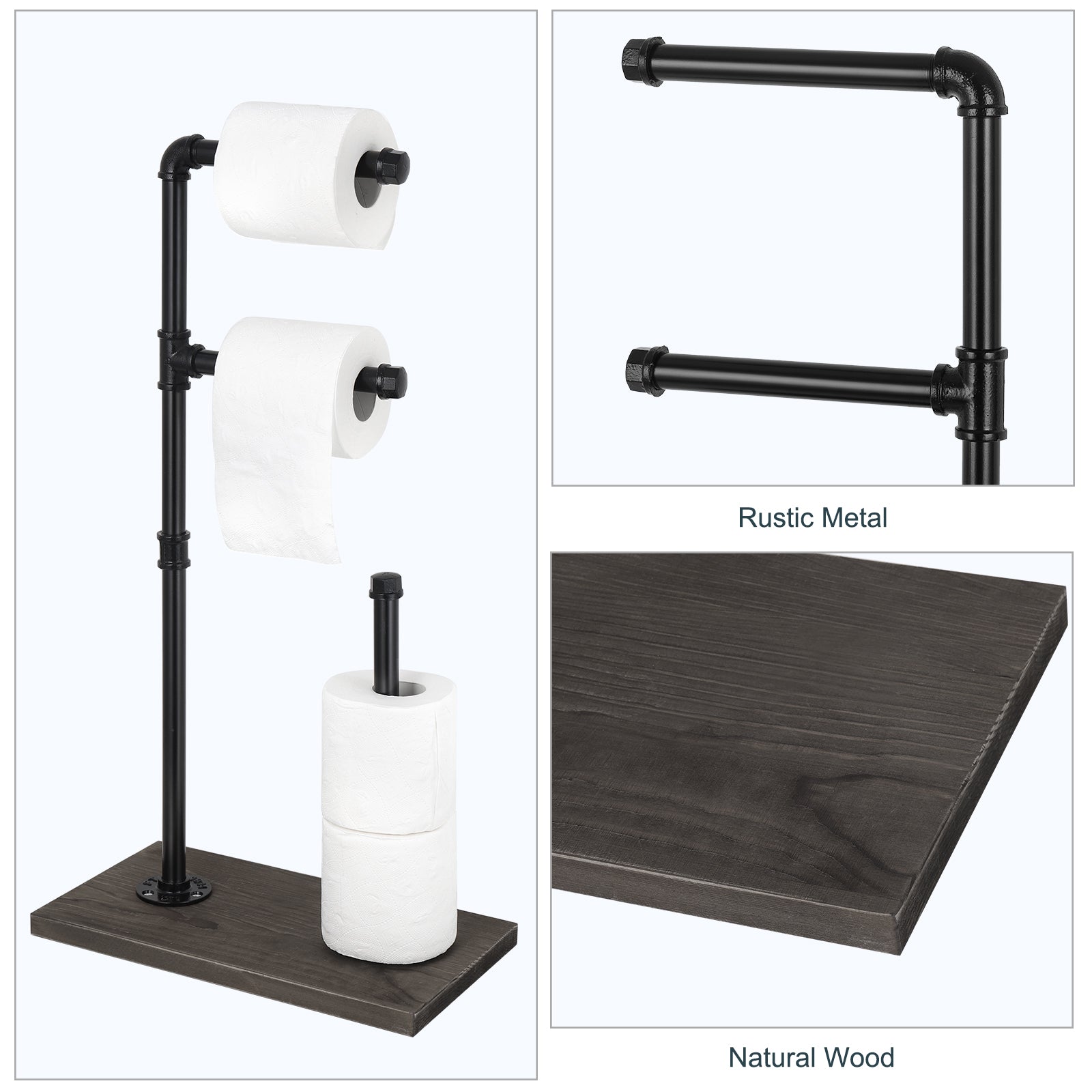 Independent Floor-Standing Industrial Iron Pipe Restroom Tissue Dispenser for Bathroom and Guest Spaces, Matte Black Finish