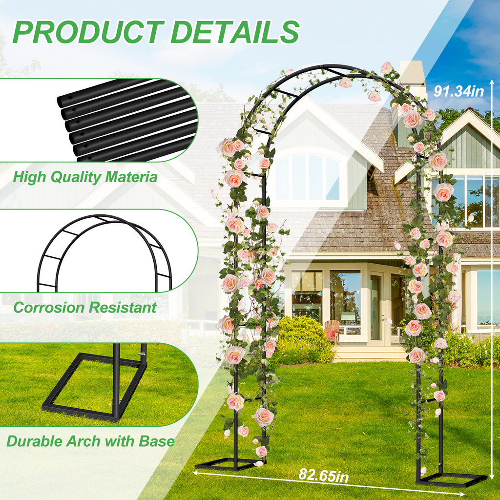 Adjustable Metal Garden Arch Trellis with Base, 2-in-1 Wide/High Size Wedding Arch, Black Garden Trellis for Climbing Plants, Wedding, Christmas, Party Decoration