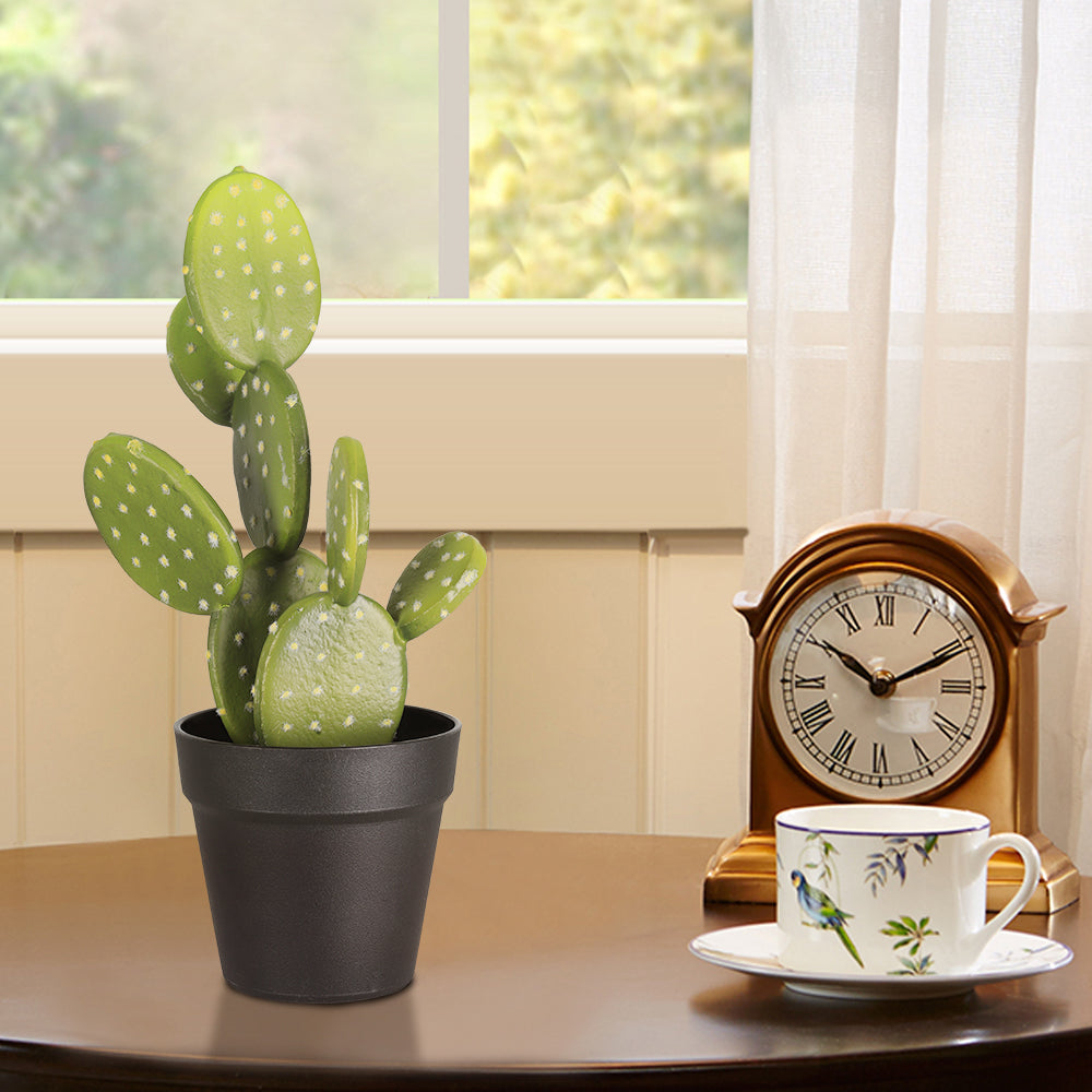 15.7" Artificial Cactus Potted Plant, Faux Desert Prickly Pear Cactus in Black Planter for Modern Home Office Decor