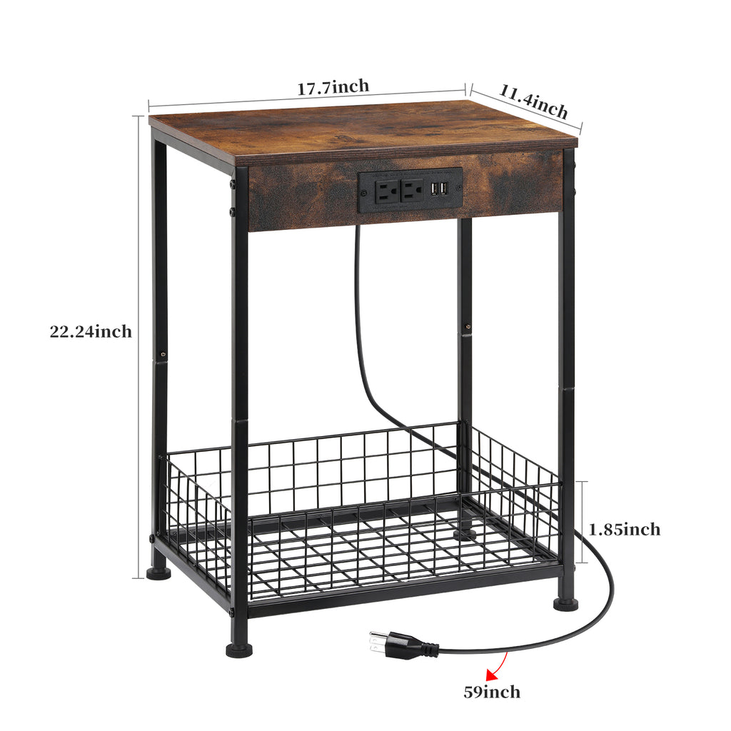 Set of 2 Industrial Nightstands with Charging Station - Side Tables with AC Outlets, Drawer, and Wire Basket