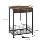 Set of 2 Industrial Nightstands with Charging Station - Side Tables with AC Outlets, Drawer, and Wire Basket