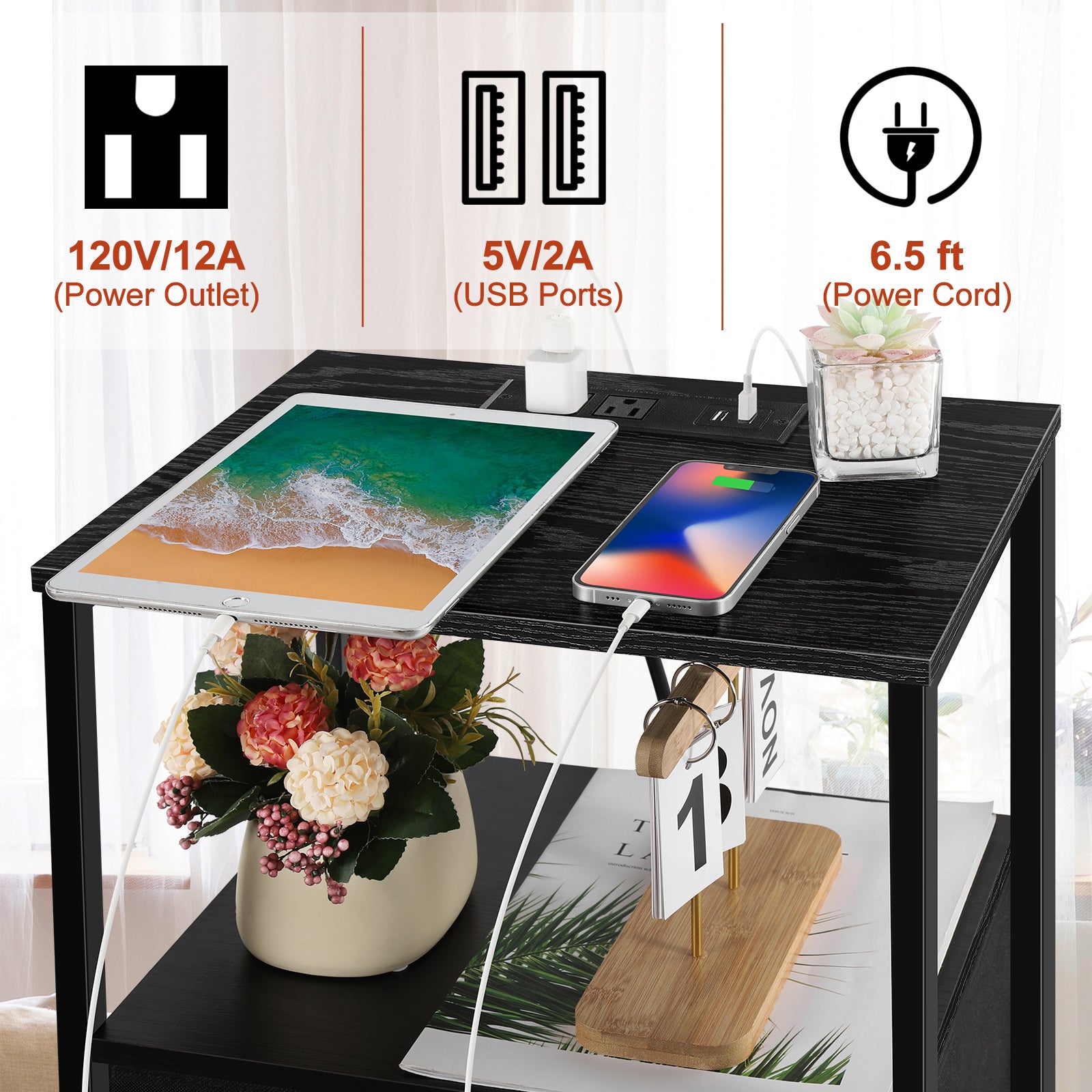 2-Pack Nightstands with USB Ports & Outlets -Black End Tables with Storage Drawers for Bedroom & Dorm