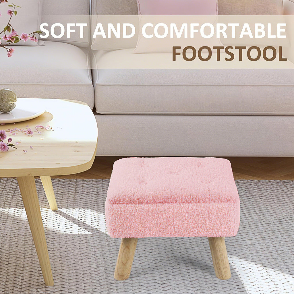 Small Storage Ottoman Foot Stool, Pink Faux Teddy Fur Footrest Stool with Wooden Legs, Multi-Purpose Shoe Changing Bench for Living Room, Bedroom, Entryway, Office