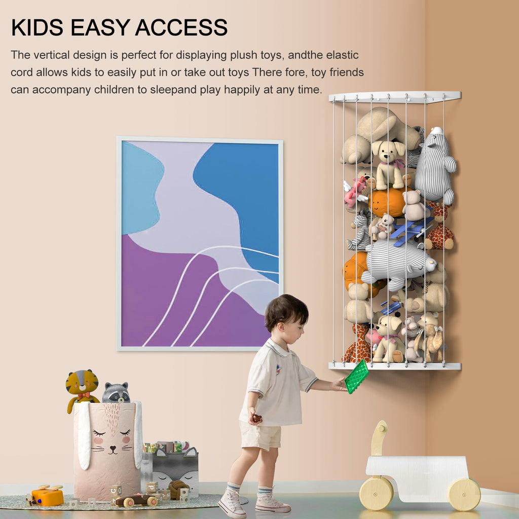 Corner Stuffed Animal Storage Zoo - Elastic Rope Plush Toy Organizer - Space-Saving Wall Mount for Kids Room,