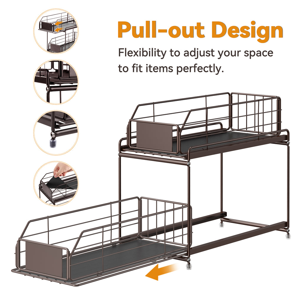 Set of 2 Under Sink Organizers -2-Tier Pull-Out Sliding Basket Storage Shelves