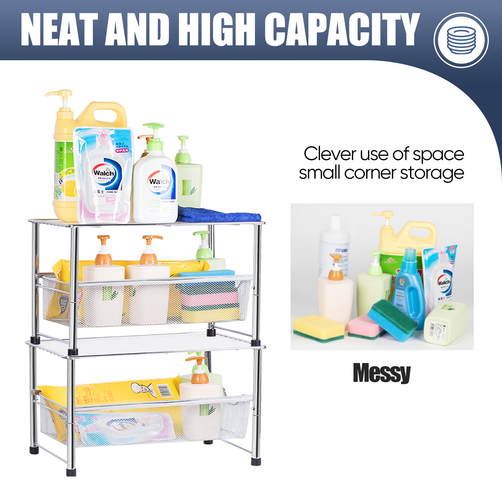 Multi-Functional Kitchen Sink Organizer, Appliance Storage Shelf with Sliding Pull-Out Drawer