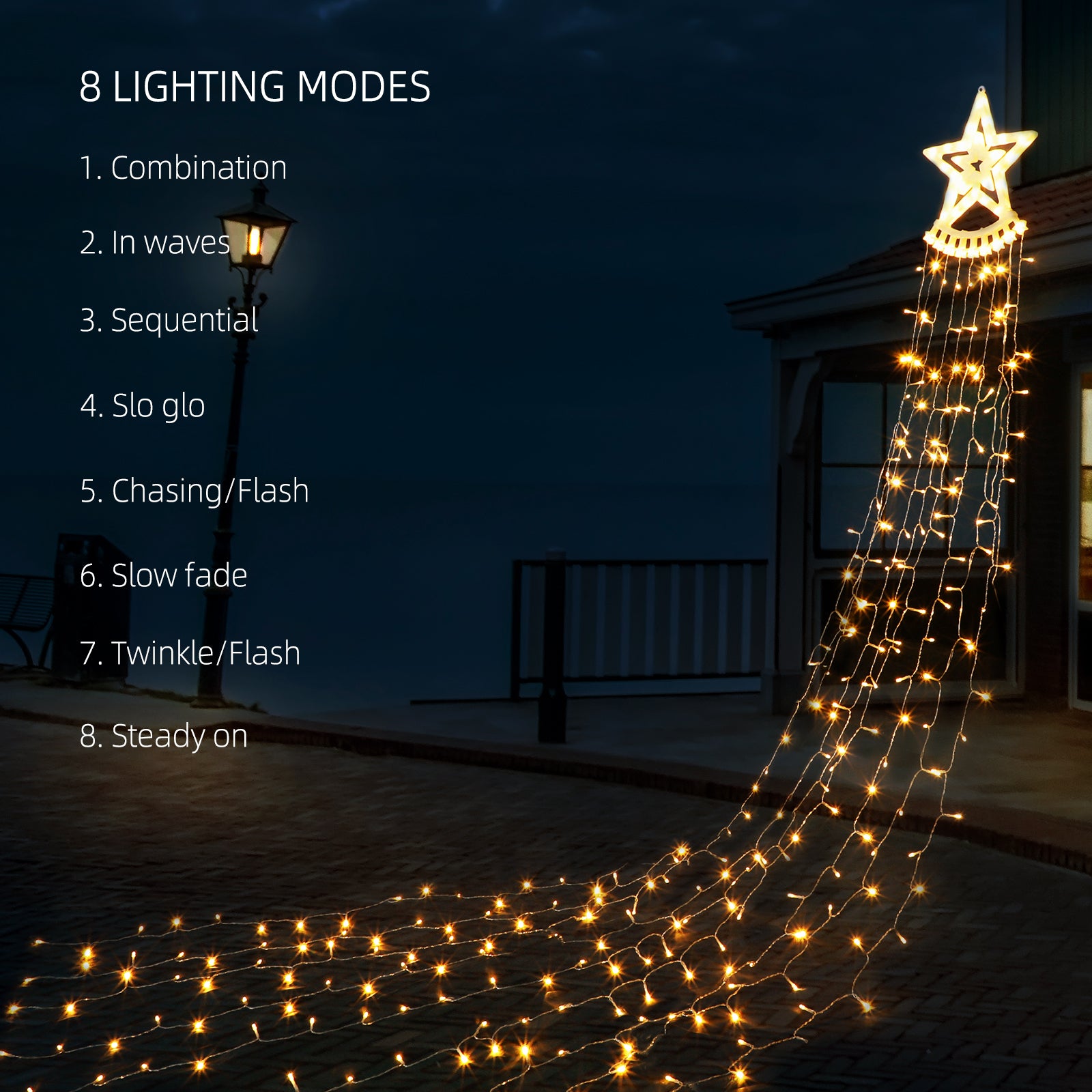 12FT Christmas Waterfall Lights with 14inch Star Topper - 350 LED Outdoor Star String Lights for Yard