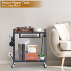 Record Player Stand, Turntable Stand with Charging Station, 3 Tier Record Player Table with 4 Quick-Release Divider, Vinyl Record Stand Storage with 4 Wheels, for Bedroom Living Room and Office, Gray