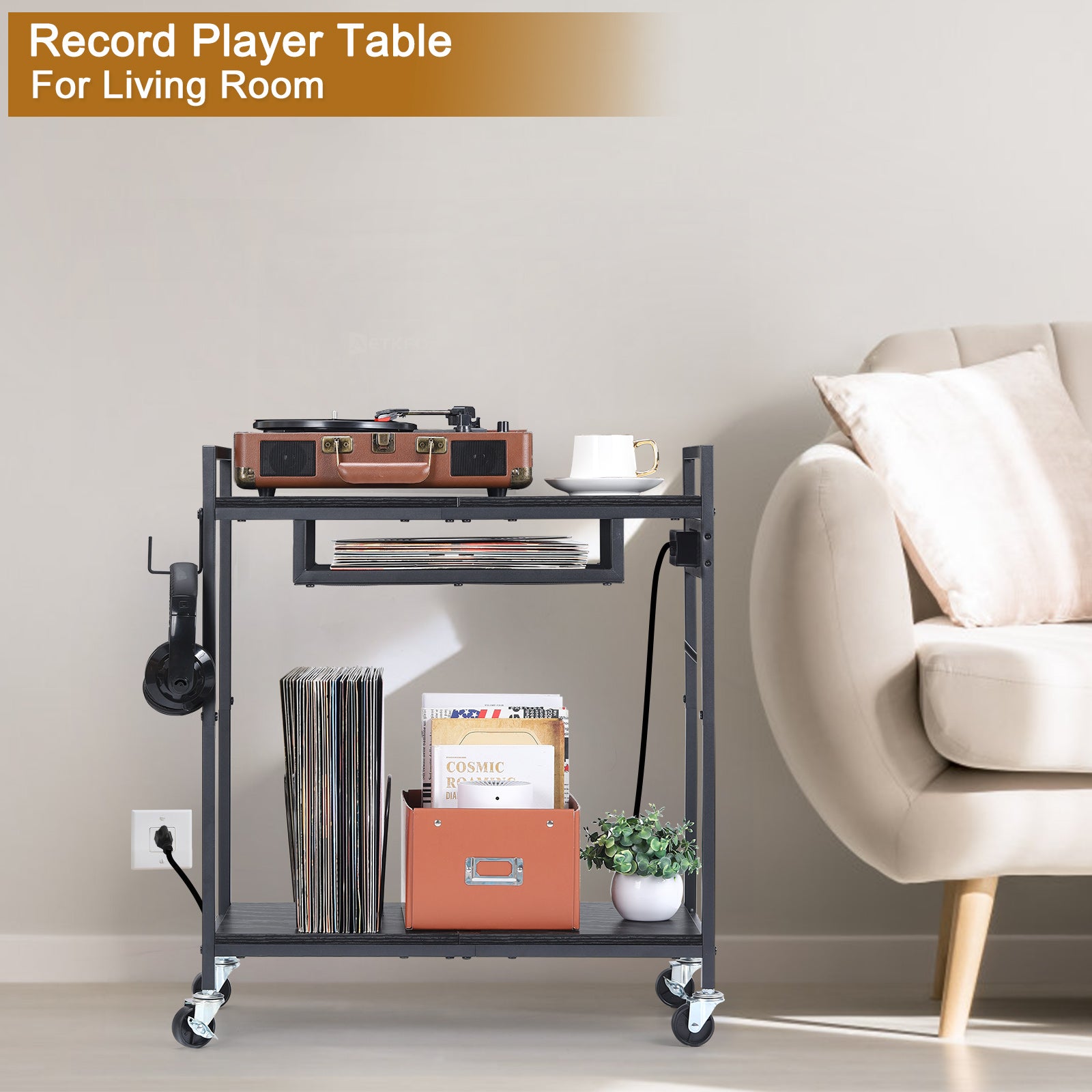 Record Player Stand, Turntable Stand with Charging Station, 3 Tier Record Player Table with 4 Quick-Release Divider, Vinyl Record Stand Storage with 4 Wheels, for Bedroom Living Room and Office, Gray