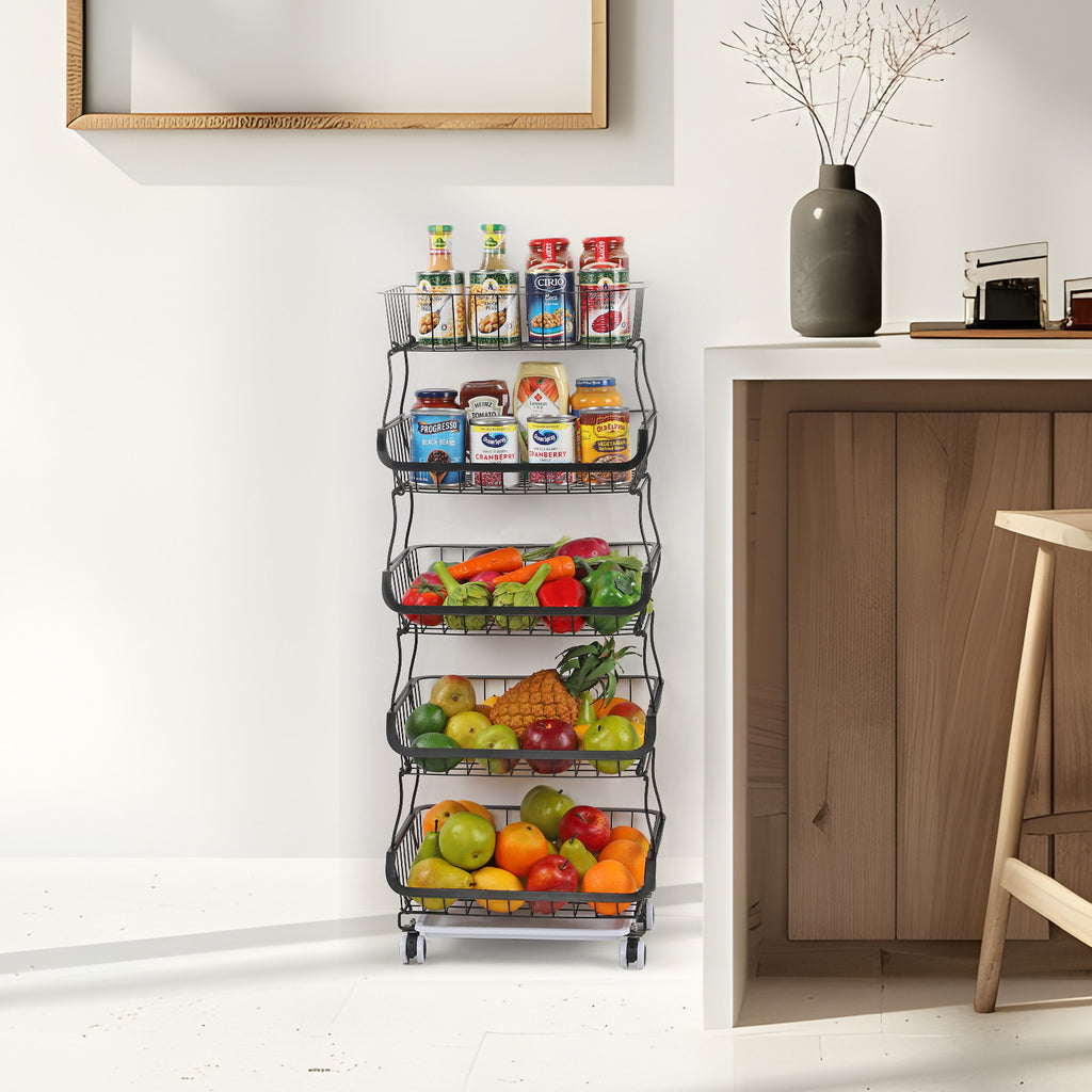 Stackable 5 Tier Rolling Kitchen Storage Cart, Freestanding Wire Produce Fruit Basket Rack with Mobile Casters, Multi-Purpose Vegetable Food Organizer for Kitchen, Dining Room, Pantry
