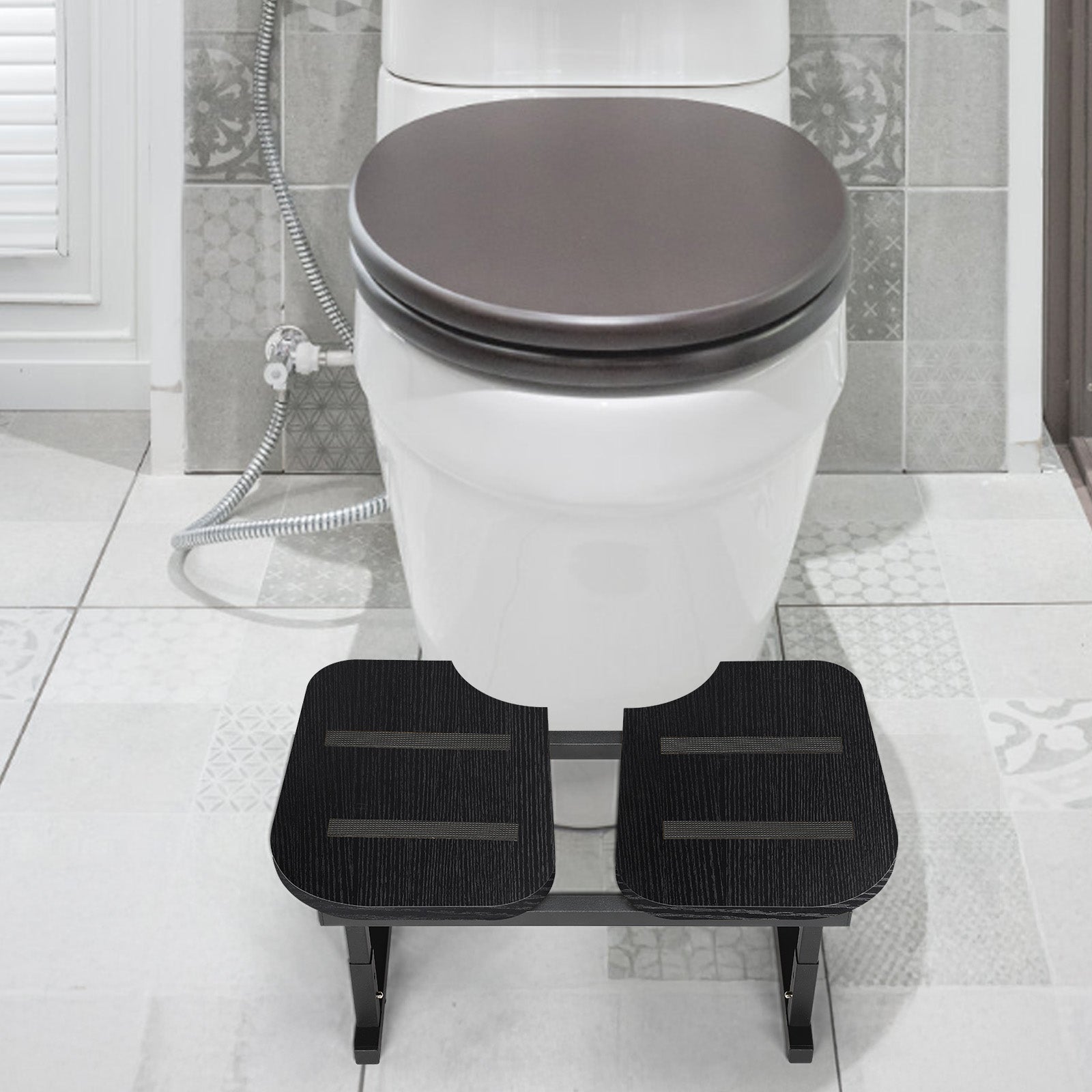 Wooden Toilet Stool for Adults, Foldable Squatting Potty Stool for Bathroom, Poop Step Stool with Non-Slip Strip, Helps Natural Poop Position & Toilet Assistance, Natural Color, Black