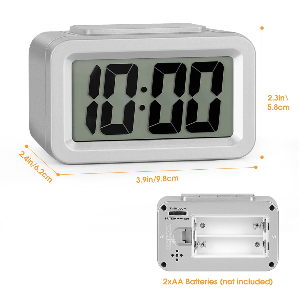 Silver Compact Digital Alarm Clock with Auto Backlight, Snooze & Brightness Dimmer, Battery-Powered LED Clock for Bedside & Desk