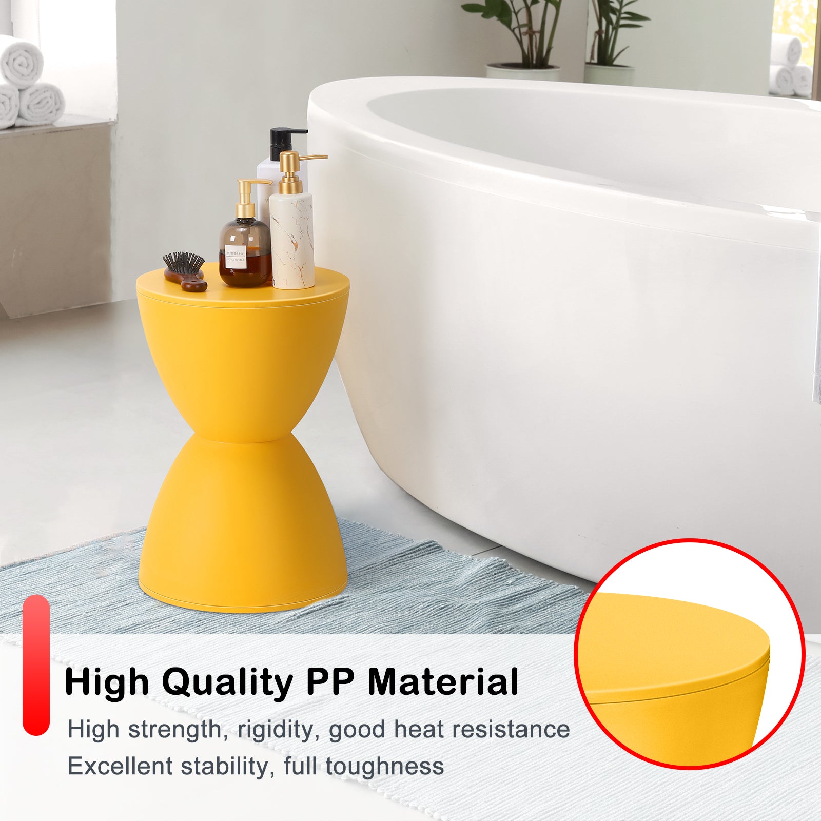 17-Inch Design Plastic Hourglass Side Table, Modern Round Multi-Purpose Stool for Outdoor Vanity and Shoe Bench in Bright Yellow or Blue, Ideal for Contemporary Living Room Bedroom Decor