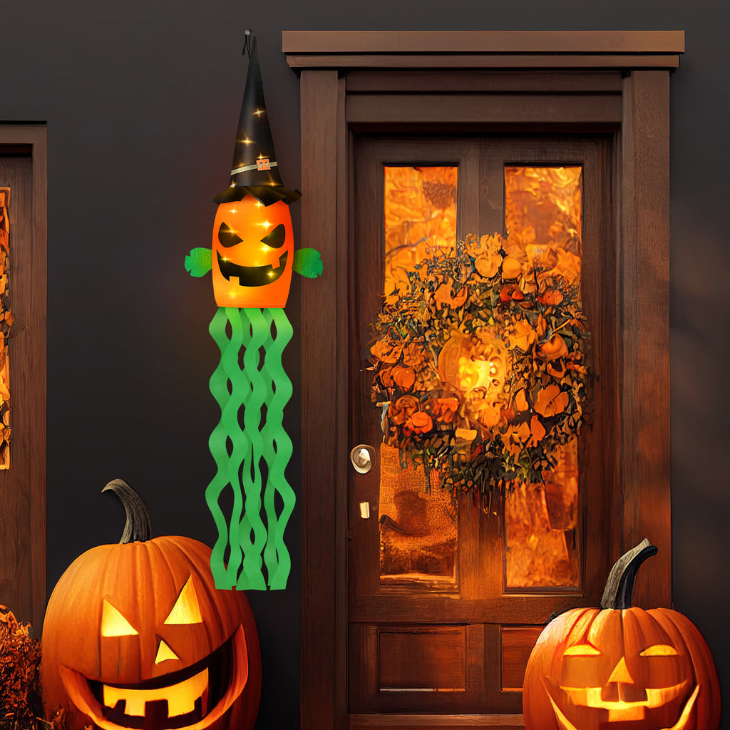 2 Pack Halloween Pumpkin Windsock Decorations, Light Up Hanging Jack-O-Lantern with Witch Hat, 53 Inch Glowing Outdoor Flag for Yard, Porch, Tree, Party Decor