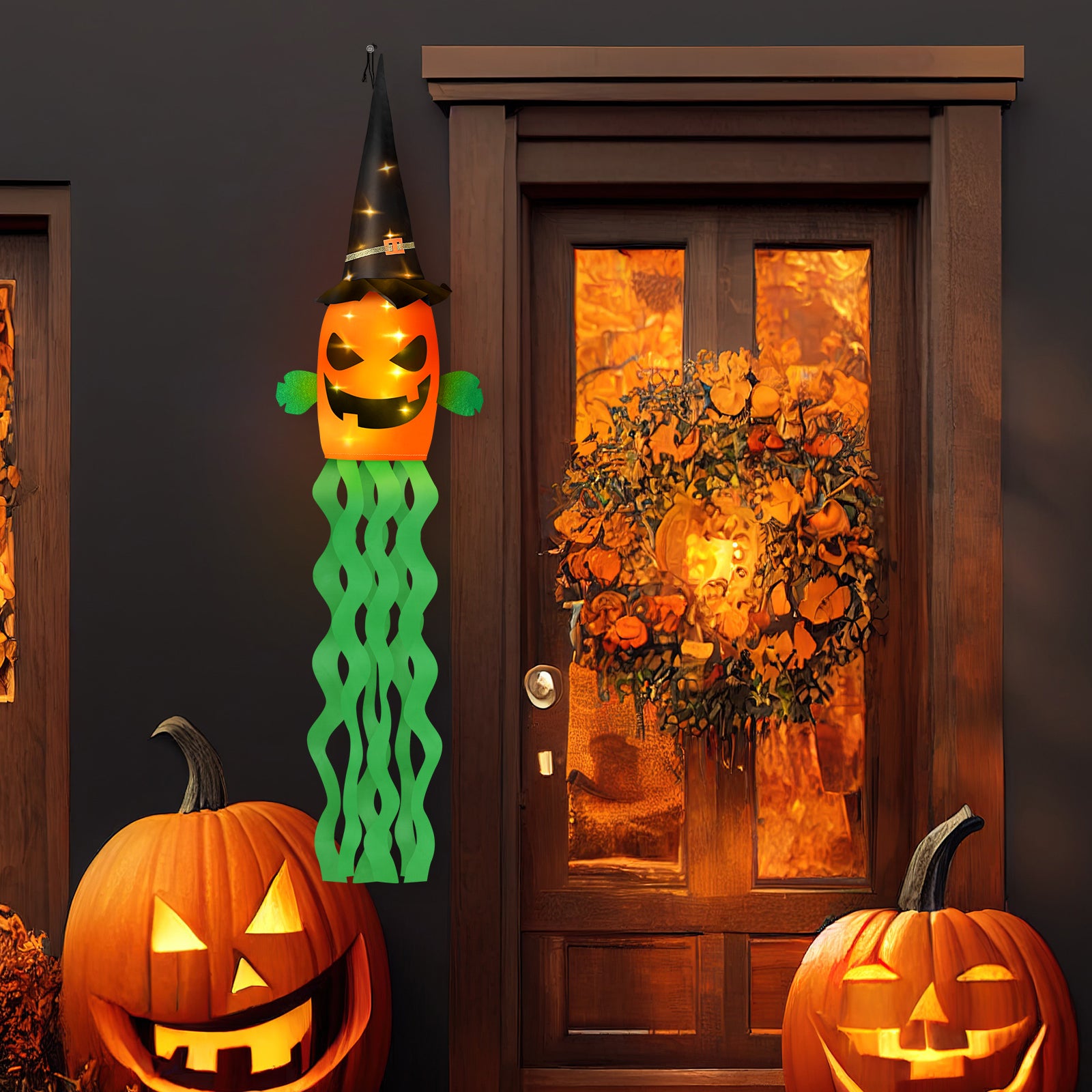 2 Pack Halloween Pumpkin Windsock Decorations, Light Up Hanging Jack-O-Lantern with Witch Hat, 53 Inch Glowing Outdoor Flag for Yard, Porch, Tree, Party Decor