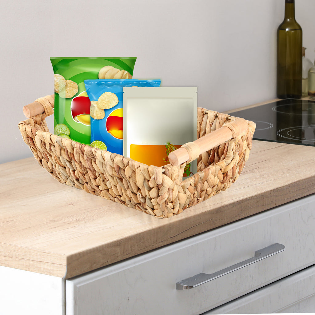 Handwoven Bathroom Storage Baskets with Wood Handles, Natural Water Hyacinth Organizer for Shelves, Closet, and Bedroom,