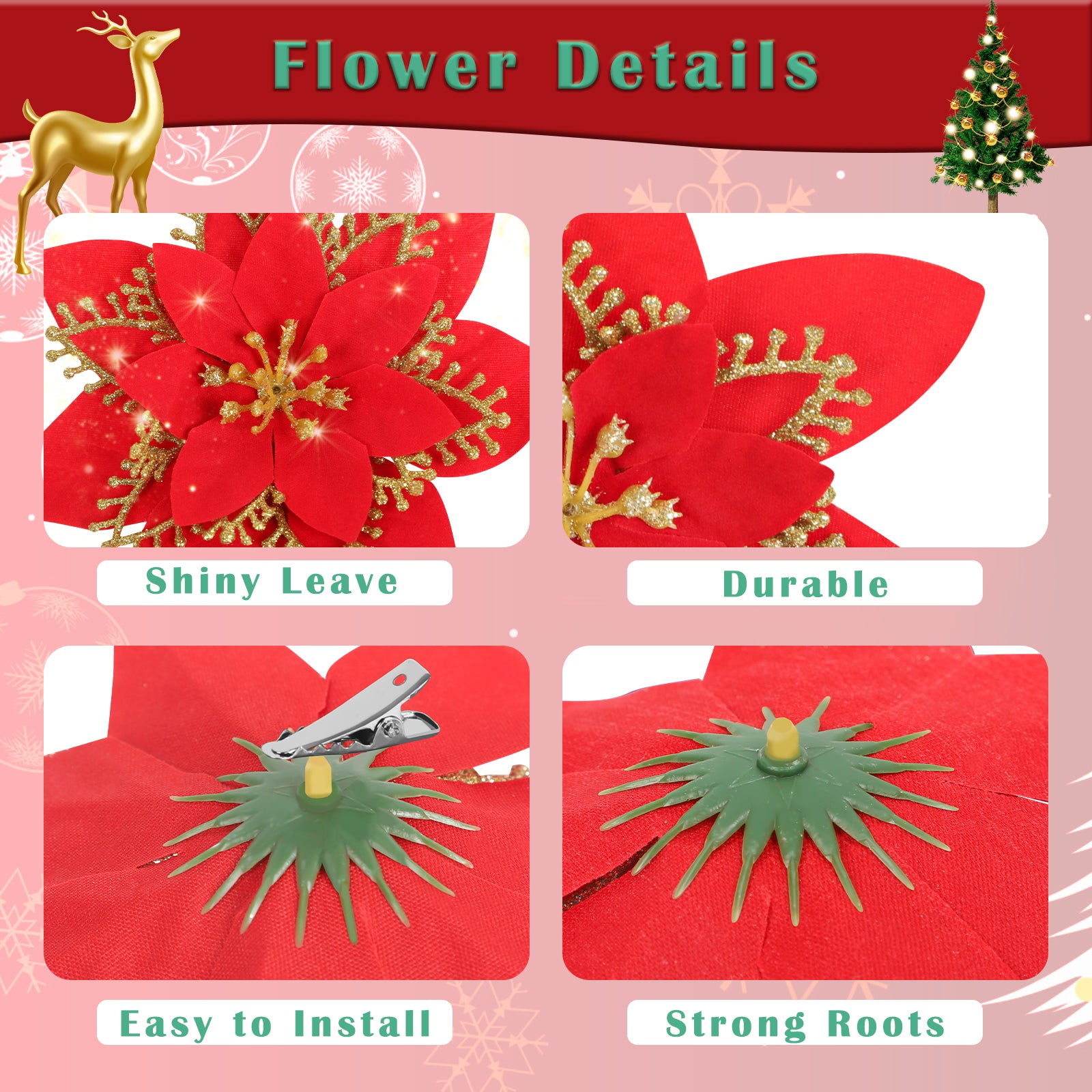 Christmas Tree Glitter Poinsettia Flowers Artificial Berry Picks Decorations，12 pcs