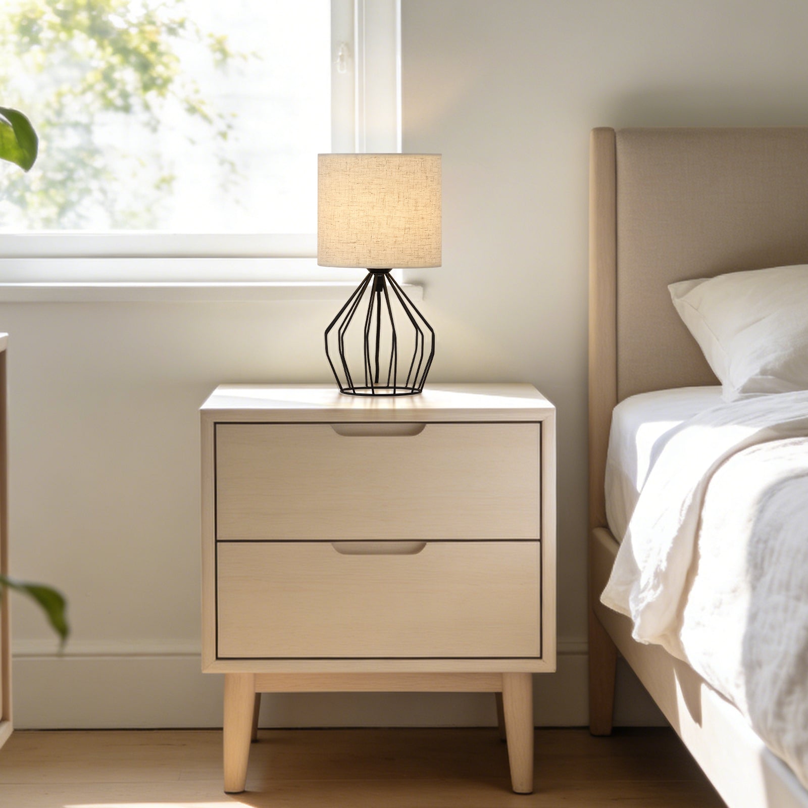 Rustic Bedside Table Lamp with Metal Hollowed - out Base and Vintage Fabric Linen Lampshade - Ideal for Reading in Office, Bedroom, Living Room