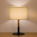 Compact Bedside Lamp with White Fabric Shade, Wood and Black Metal Base, Versatile Desk Light for Bedroom or Home Office