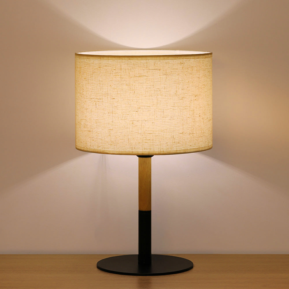 Compact Bedside Lamp with White Fabric Shade, Wood and Black Metal Base, Versatile Desk Light for Bedroom or Home Office