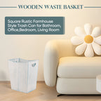 Rustic Blue and White Wood Wastebasket - Farmhouse Style Torched Timber Garbage Bin for Home and Office