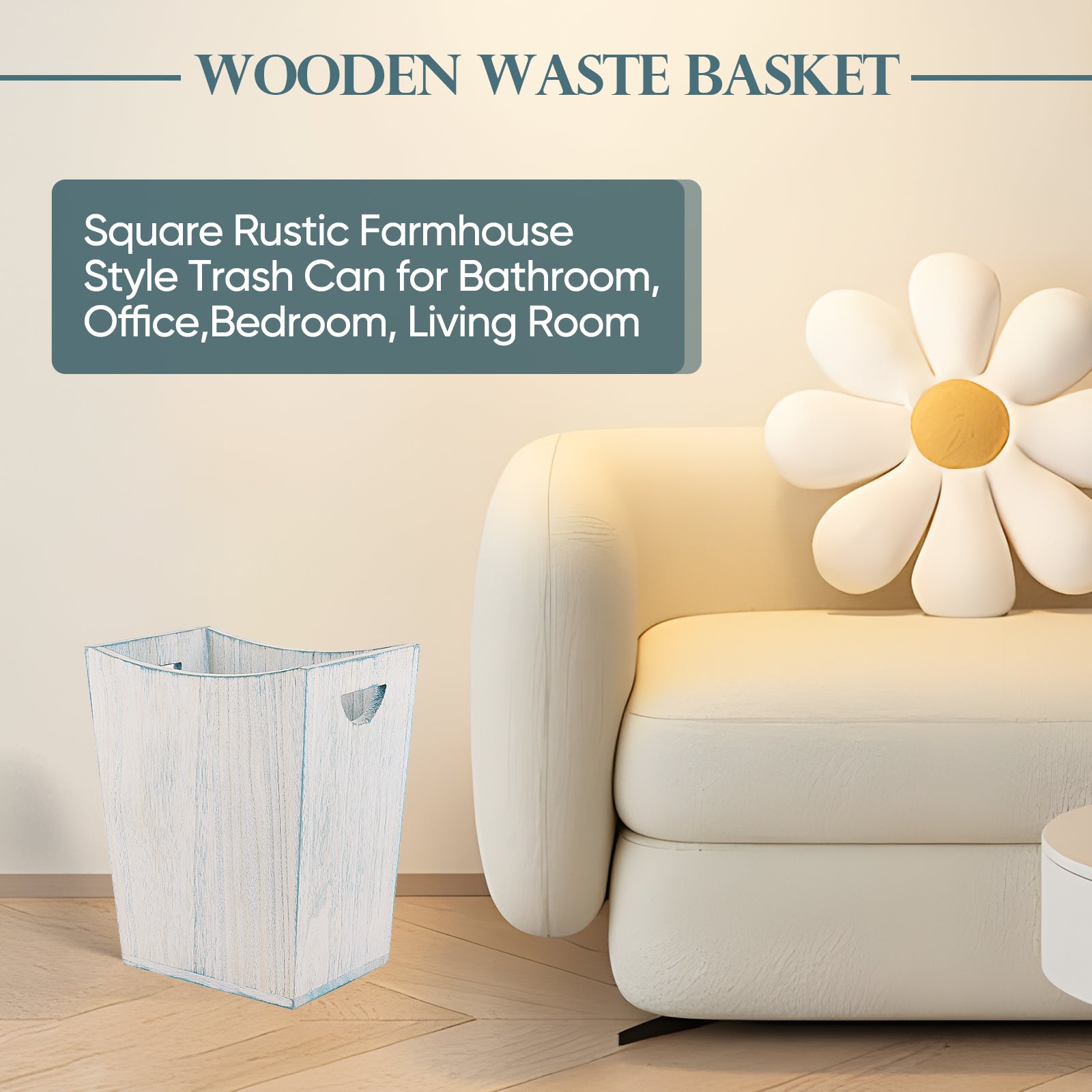 Rustic Blue and White Wood Wastebasket - Farmhouse Style Torched Timber Garbage Bin for Home and Office