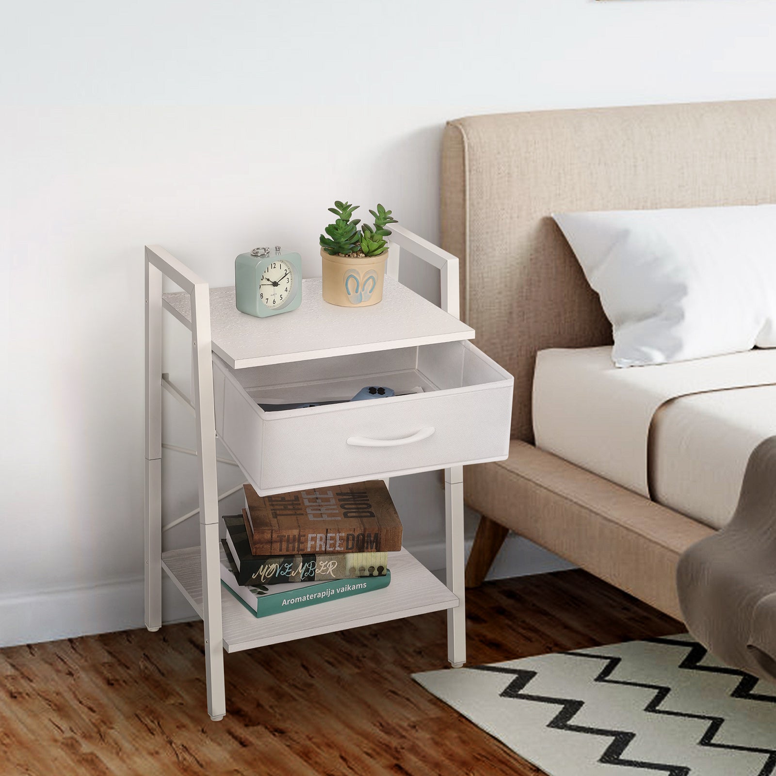Black Nightstands with Fabric Storage Drawer and Open Wood Shelf, Side Table with Storage for Bedroom, Night Stand with Drawer, Tall End Table, Printer Table,