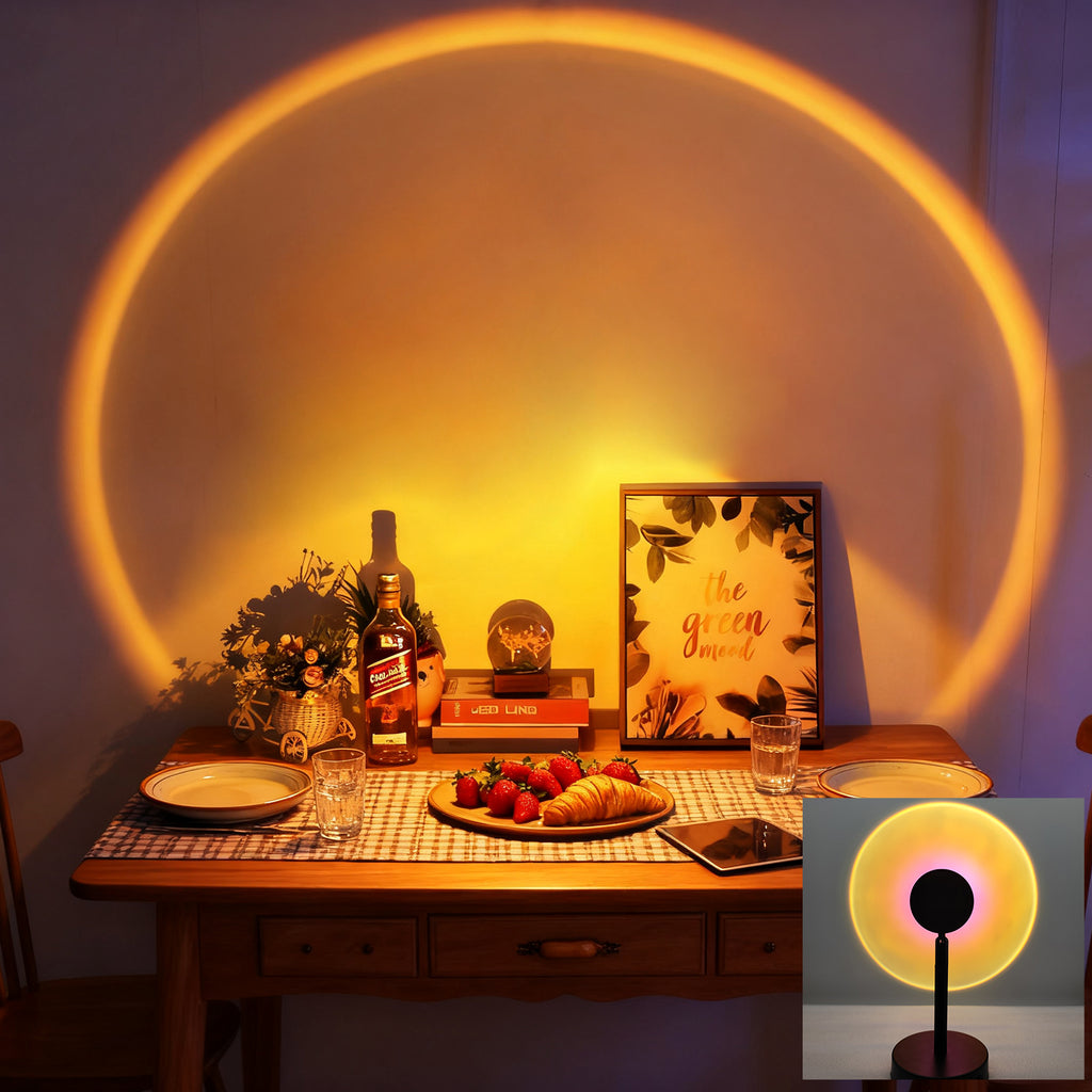 Rainbow sunset lights. Decorative light, photo light, ambient light. 1pcs sunset projection light, 360 degree rotating sunset projection floor lamp, romantic LED rainbow ambient night light for bedroom living room party bar store, USB charging.