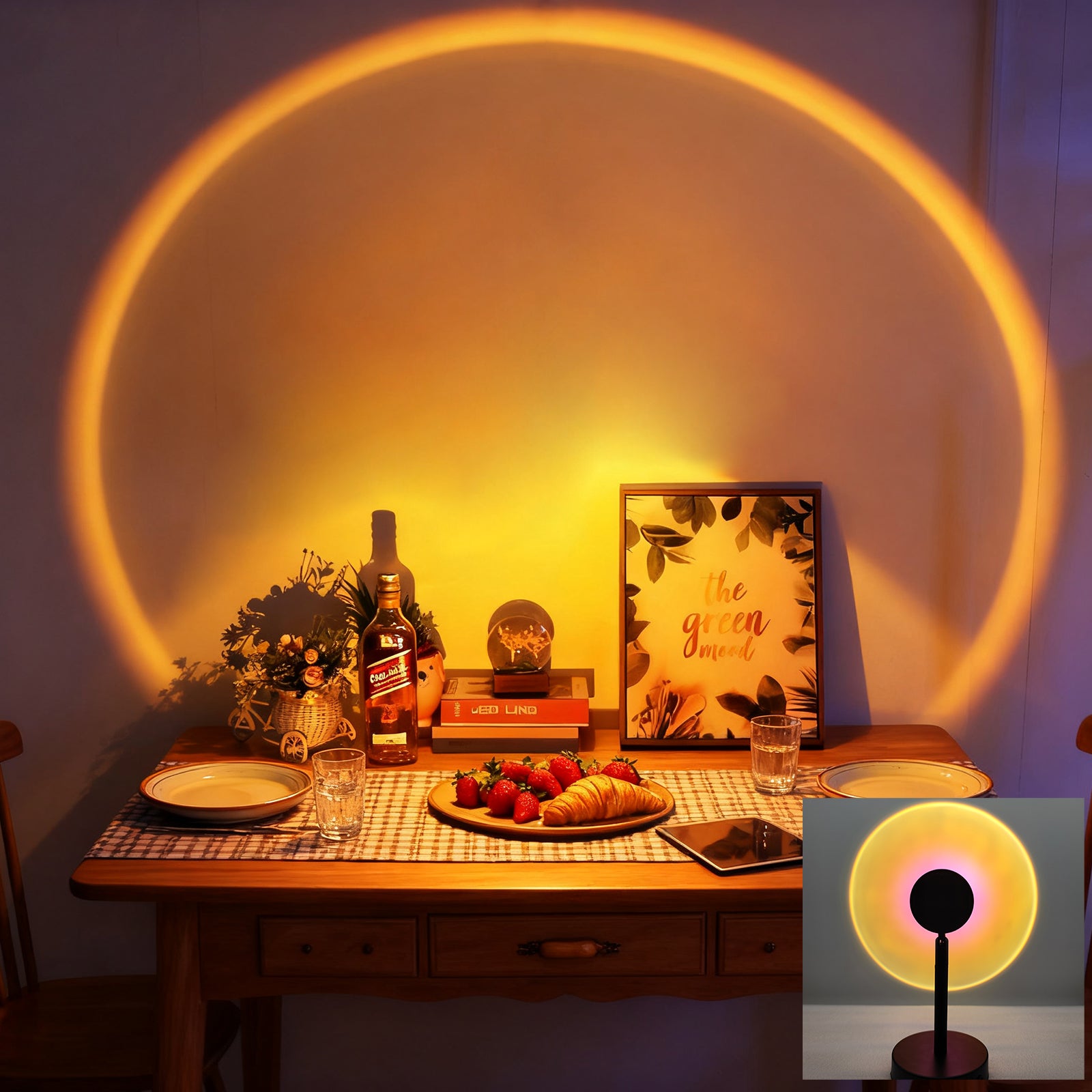 Rainbow sunset lights. Decorative light, photo light, ambient light. 1pcs sunset projection light, 360 degree rotating sunset projection floor lamp, romantic LED rainbow ambient night light for bedroom living room party bar store, USB charging.
