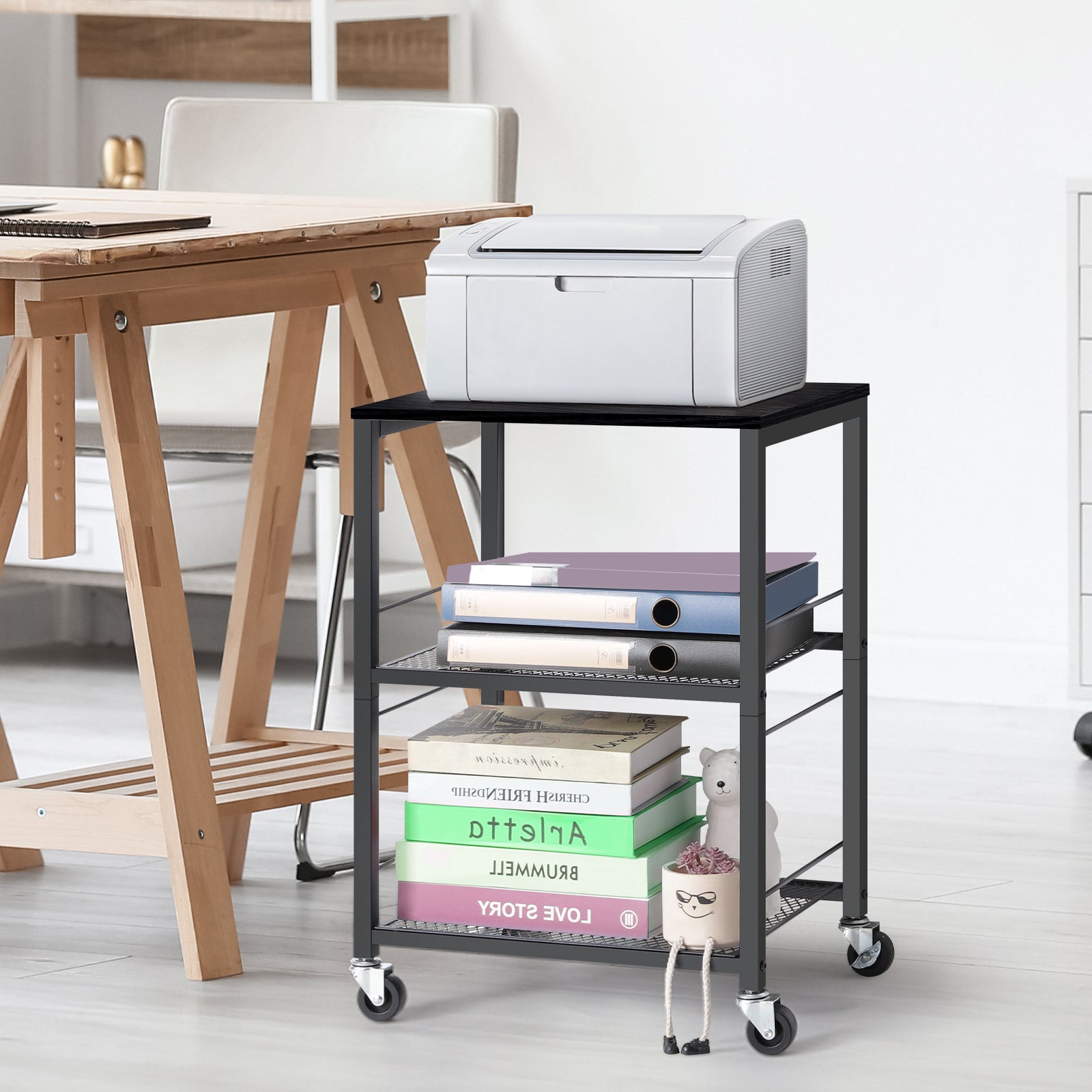 3-Tier Black Rolling Side Table with Wheels, Industrial End Table with Storage Shelves, Mobile Nightstand for Small Spaces, Bedroom, Living Room, Kitchen & Office