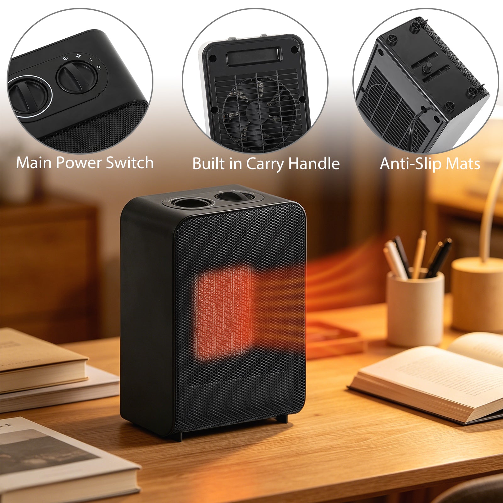 750W/1500W Portable Ceramic Indoor Space Heater with Adjustable Thermostat, Tip-Over & Overheat Protection, Personal Desktop Radiator for Home and Office