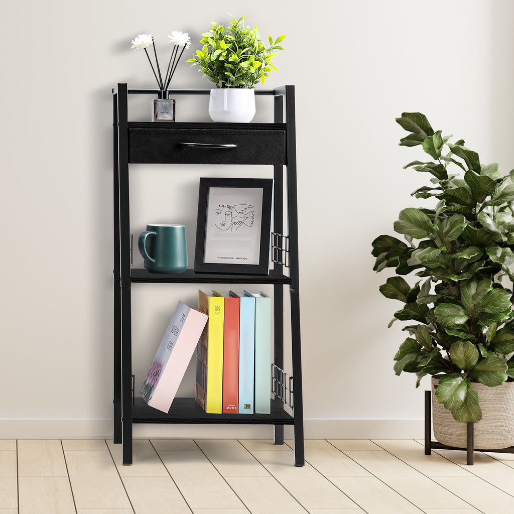 3 Tier Ladder Storage Shelf with Fabric Drawer, Freestanding Small Bookshelf Organizer Rack, Industrial Metal Frame Display Shelves for Bathroom, Bedroom, Living Room, Balcony, Black