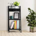 3 Tier Ladder Storage Shelf with Fabric Drawer, Freestanding Small Bookshelf Organizer Rack, Industrial Metal Frame Display Shelves for Bathroom, Bedroom, Living Room, Balcony, Black