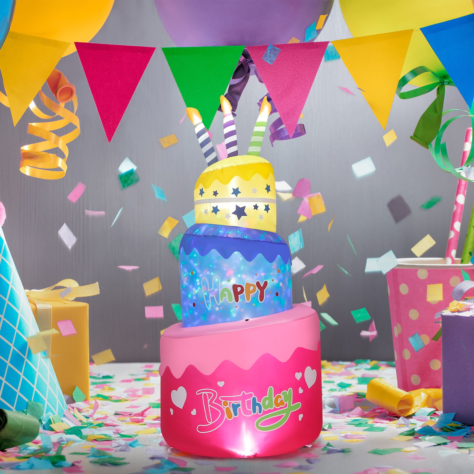Happy Birthday Inflatable Cake with Candles, Rotating Colorful LED Light-Up Celebration Decor for Yard