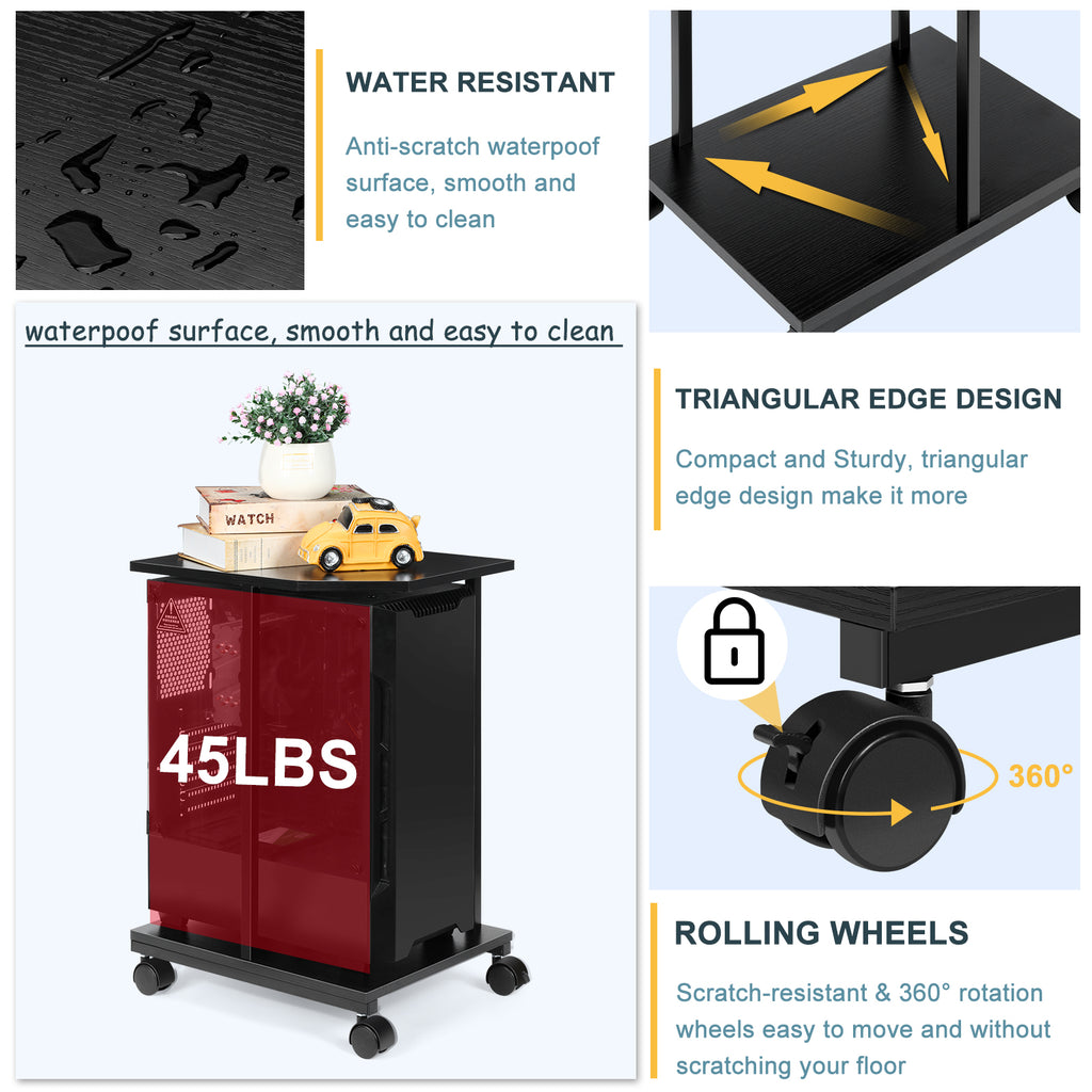 2-Tier Computer Tower Stand with Wheels, Under Desk PC Holder for Large Towers, Rustic Wood Printer Stand Table with Lockable Casters,