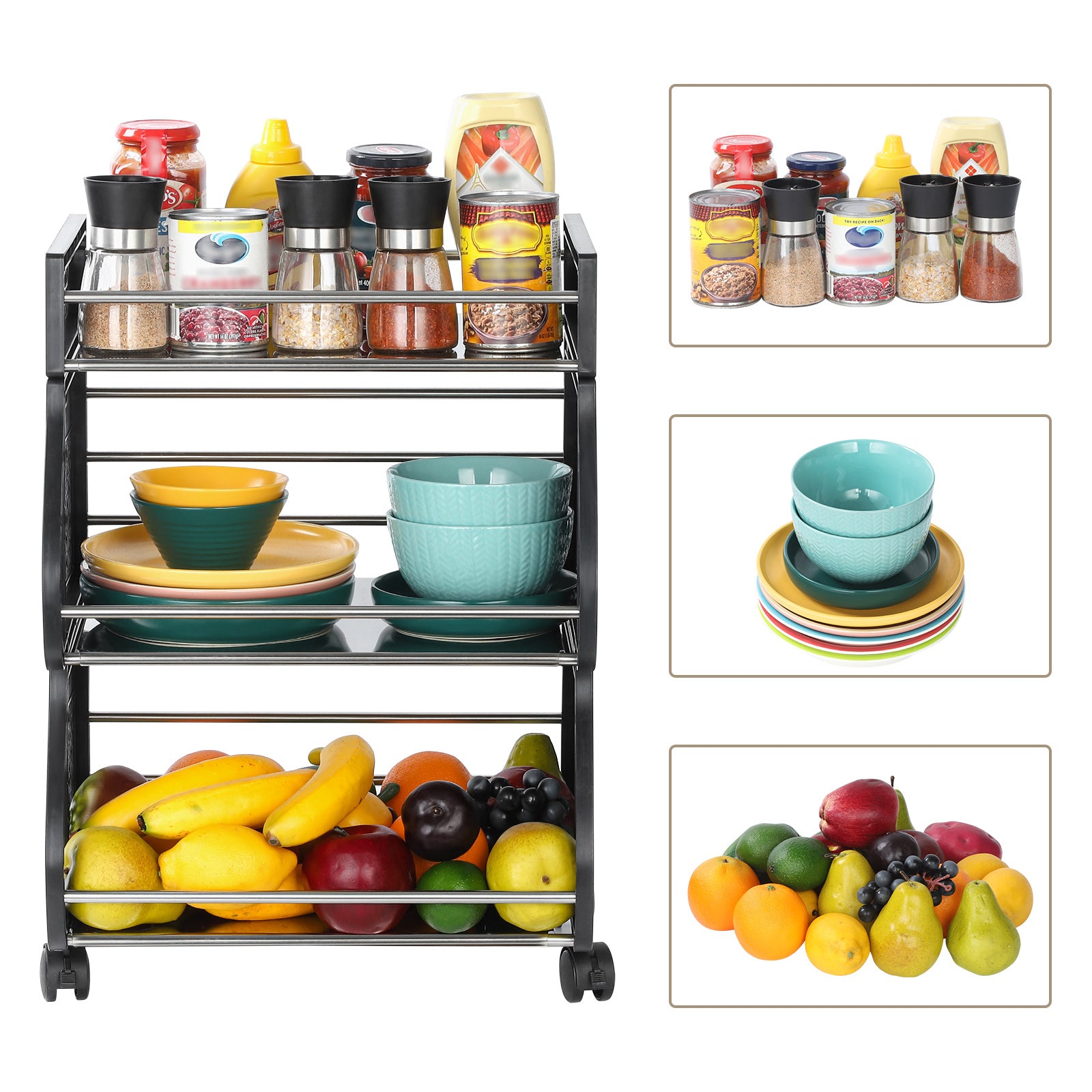 Fruit Vegetable Basket, 3 Tier Stackable Storage Baskets for Kitchen, Fruit Vegetable Organizer Cart with Wheels, Utility Rack for Pantry, Produce, Onion, Potato