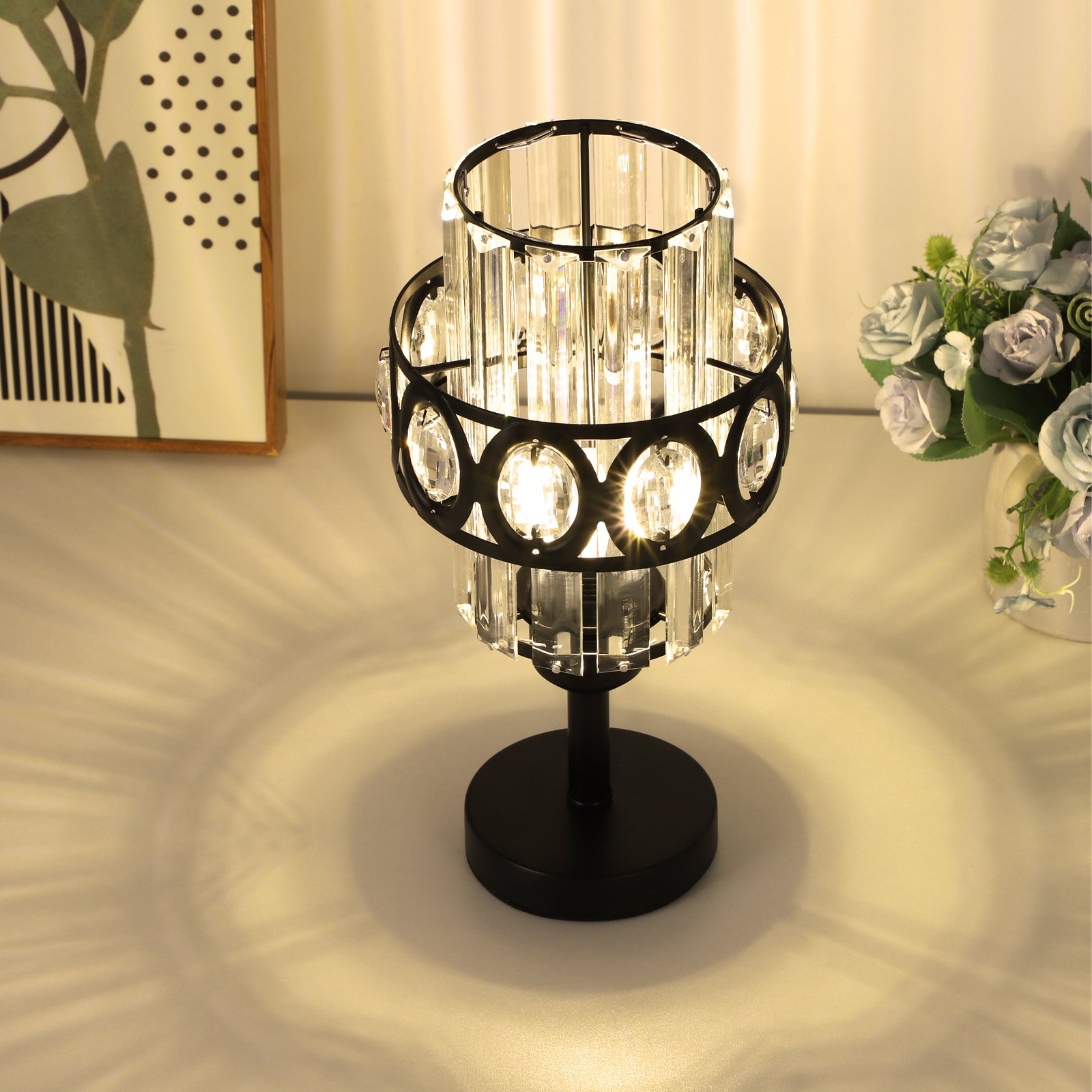Set of 2 Sophisticated Crystal Nightstand Lights with Sleek Dark Bases, Contemporary Decorative Lighting for Sleep Areas and Shared Living Spaces