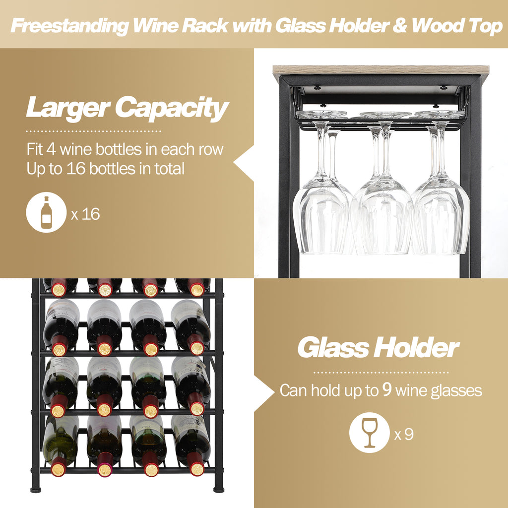 Freestanding Wine Rack Floor Stand with Glass Hanging Holder, Gray Oak Wood Top Metal Wine Storage Organizer, Holds 16 Wine Bottles & 9 Stem Glasses, Bar Cabinet Rack for Kitchen Dining Living Room