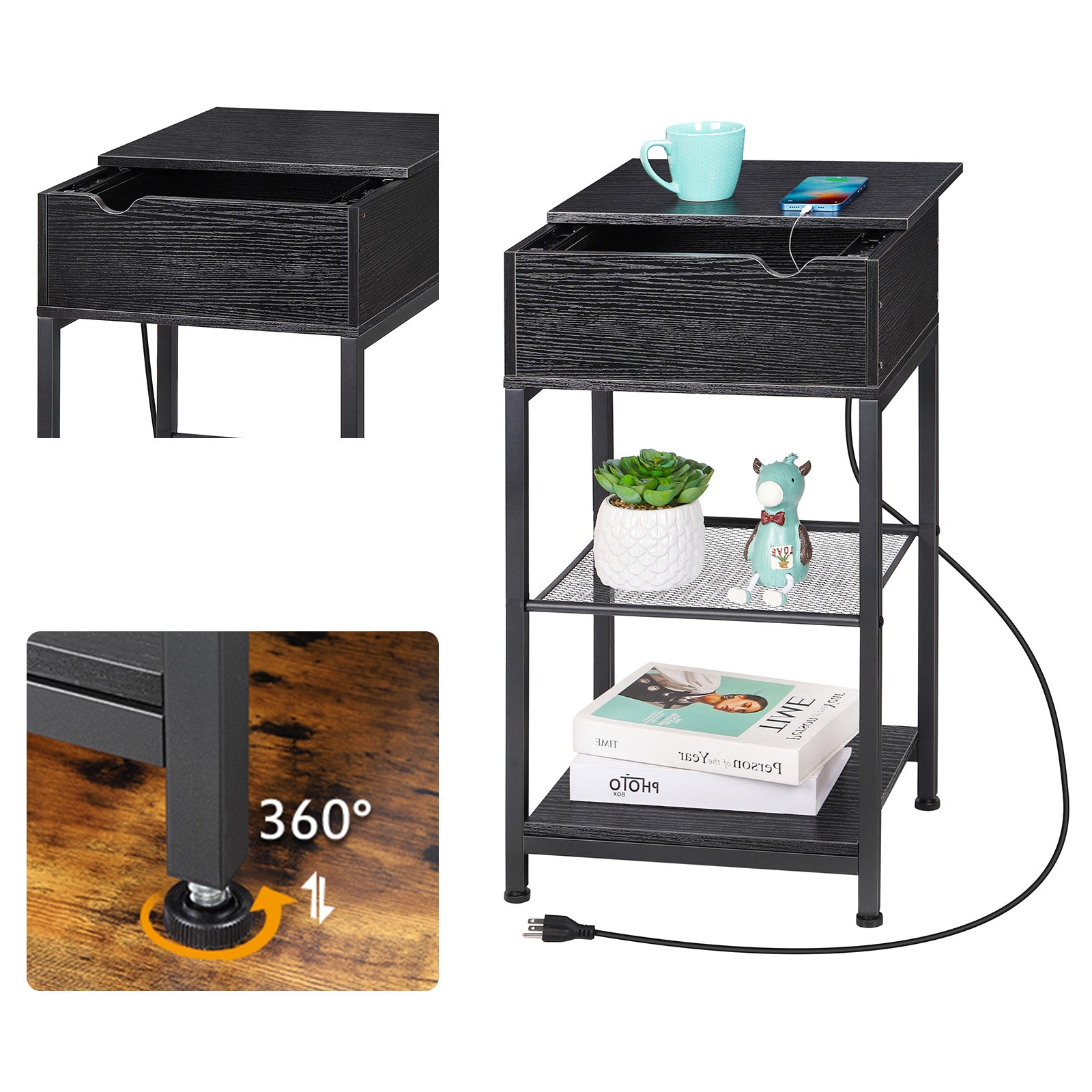 Narrow End Table with Charging Station & Flip-Top Storage, Industrial Side Nightstand with Hidden Drawer & Shelves for Small Spaces,