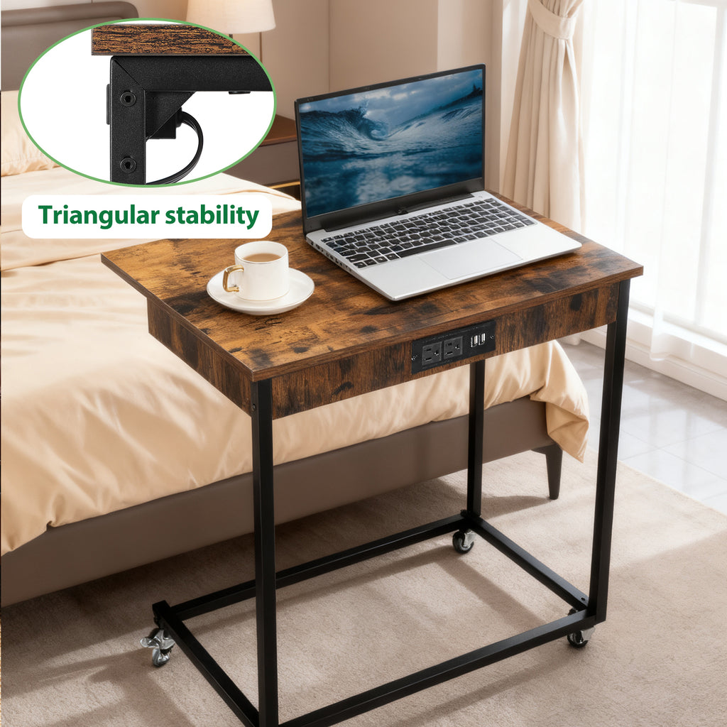 Set of 2 C-Shaped Side Tables with Wheels & Charging - Mobile Snack Trays for Couch, Industrial Brown