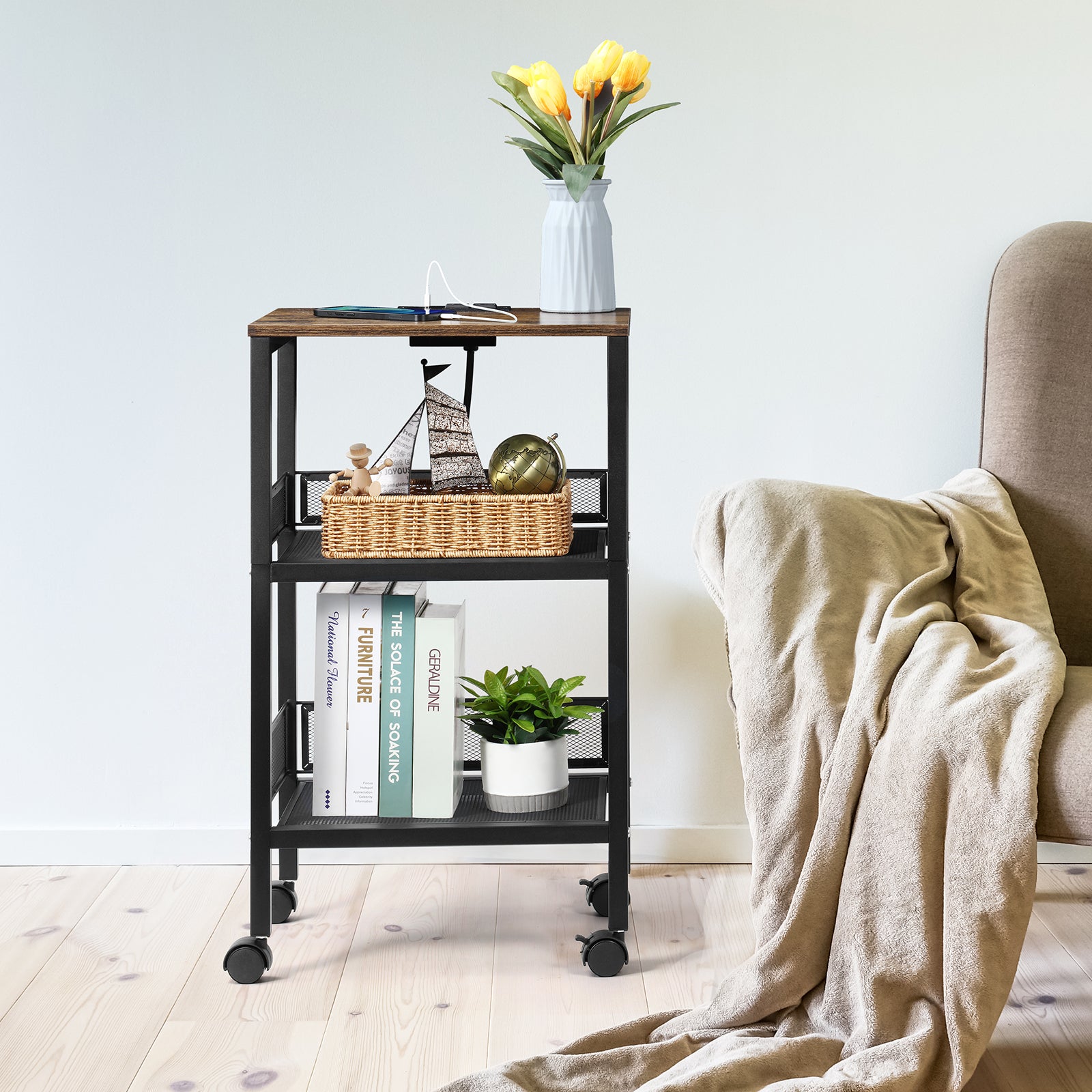 3-Tier Tall End Table with Charging Station - Sofa Side Table with USB Ports and Power Outlets, Rustic Brown
