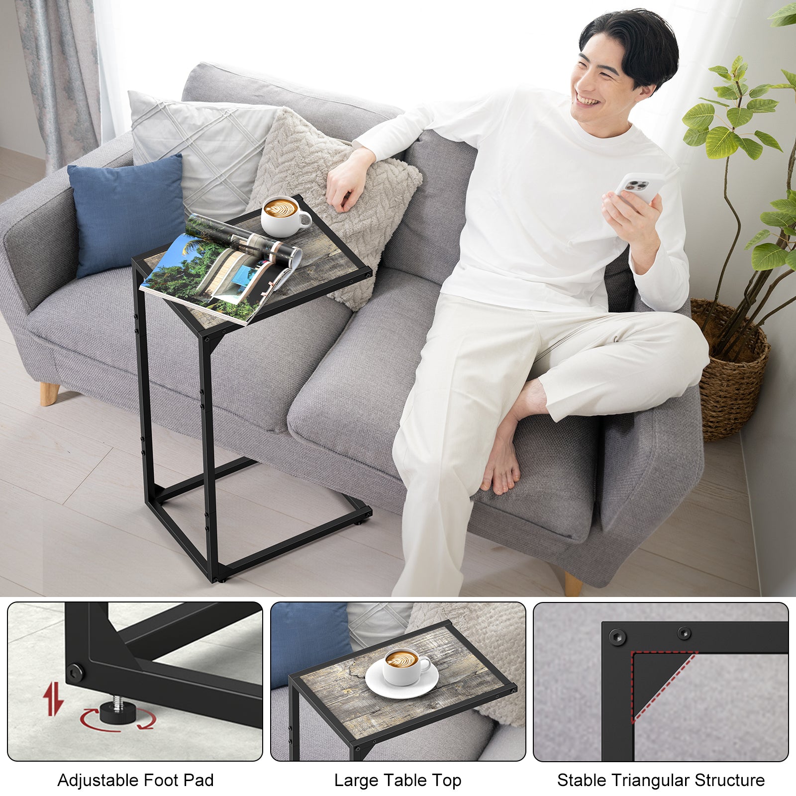 C-Shaped End Table, Snack Side Table Slide Under Sofa for Couch & Bed, Space Saving Sofa Table, Modern Gray,