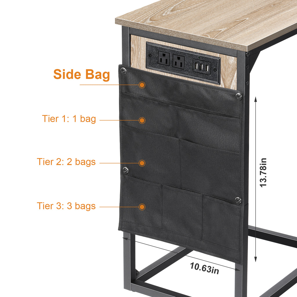 Set of 2 C-Shaped End Tables with Charging Station, Oak Side Tables for Couch & Sofa, Mobile Snack Tables for Bedroom,