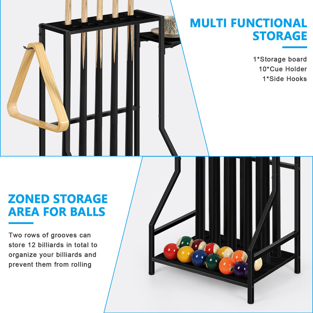 Space-Saving Bamboo Pool Cue Rack - Floor Stand Holder for 10 Billiard Sticks & Balls, Black