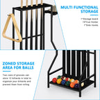 Space-Saving Bamboo Pool Cue Rack - Floor Stand Holder for 10 Billiard Sticks & Balls, Black